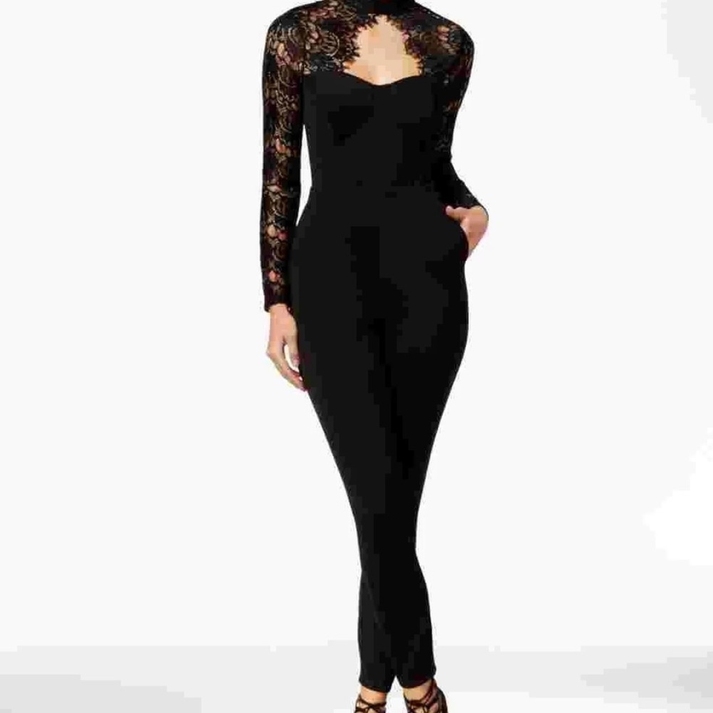Unworn Material Girl Junior's Lace Detail Illusion Jumpsuit Black Size Medium.